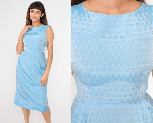 1960s Light Blue Heart Textured Cocktail Dress A-Line Sleeveless Extra Small