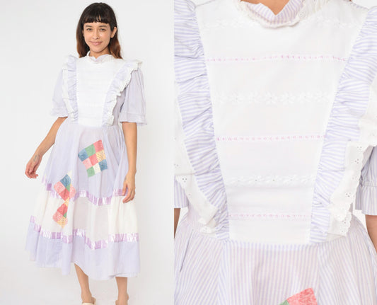 80s Jeri Bee Square Dance Dress Lavender Striped Puff Sleeve Midi Small