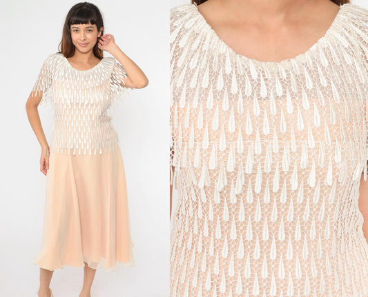 70s Peach Midi Dress Macramé Lace Capelet Chiffon Small