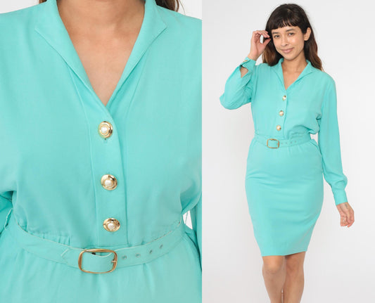 80s Aqua Blue Button-Up Midi Shirtdress Belted Pencil Cut Long Sleeve Small