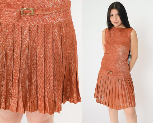 60s Metallic Orange Mini Party Dress Rhinestone Drop Waist Sleeveless XS