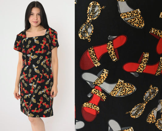 90s Jessica Howard Mini Dress Leopard Print Shoes Sunglasses Black Rayon Medium