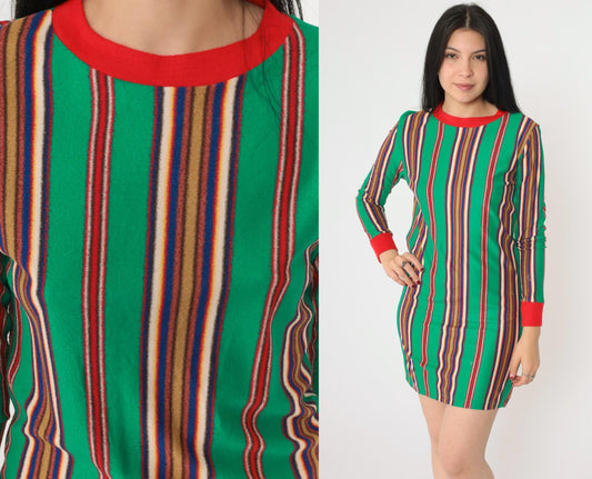 60s Stardust Striped Mini Lounge Dress Green Red Ringer Trim Long Sleeve Extra Small