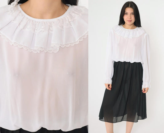 80s Susan Hlavacek Ruffled Collar Midi Dress Black White Semi-Sheer Small Medium