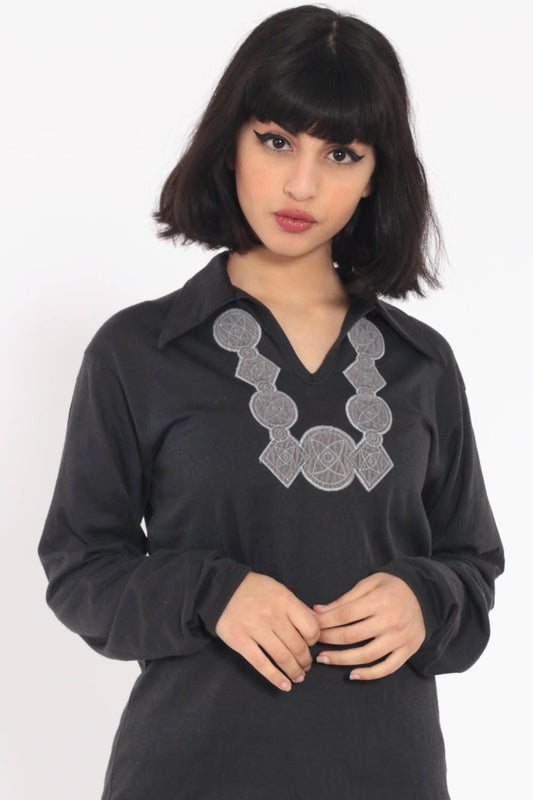 70s Esprit Black Embroidered Blouse V-Neck Collared Long Sleeve Medium