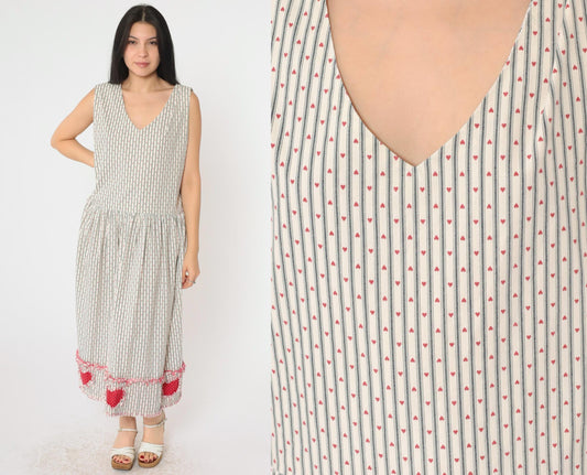 80s Heart Striped Midi Jumper Dress Low Armhole V Neck Small Medium