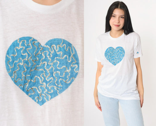 80s White Heart Glitter Hand Painted T-Shirt Single Stitch Crewneck Medium M