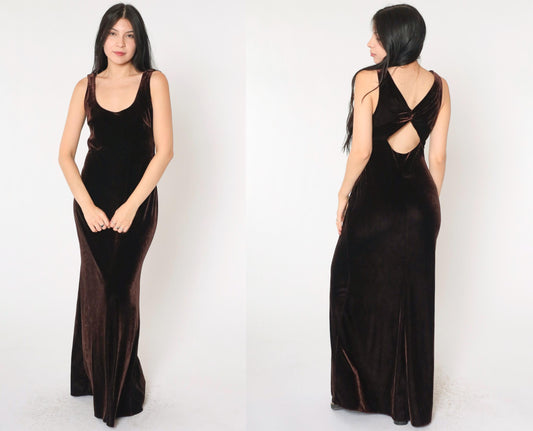 90s Niki Livas Brown Velvet Maxi Dress Keyhole Back Sleeveless Medium