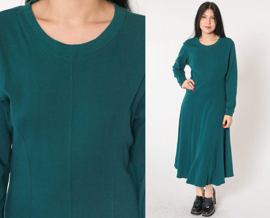 90s Teal A-Line Midi Dress Long Sleeve Princess Seam Cotton Small
