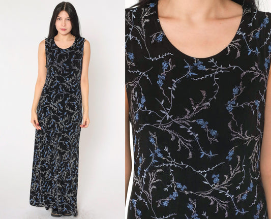90s Black Floral Maxi Dress Blue Print Scoop Neck Sleeveless Medium 8