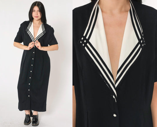 90s Black Maxi Dress White Collar Button-Up Short Sleeve Shift Large