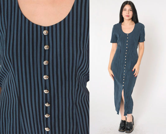 90s DJ Intl Striped Sheath Midi Dress Black Blue Button-Up Medium