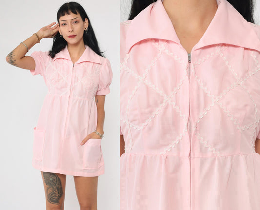 70s Baby Pink Babydoll Dress Puff Sleeve Empire Waist Micro Mini Extra Small