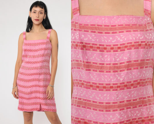 90s Pink Striped Floral Jacquard Mini Dress Square Neck Sleeveless Extra Small XS