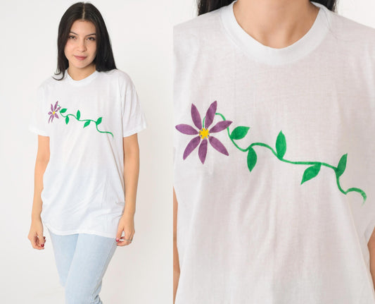 90s Hand Painted Floral T Shirt Silver Sparkle White Purple Crewneck Medium Large