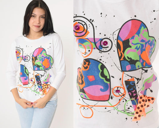 90s Heart Paint Splatter Long Sleeve Graphic Tee White Small