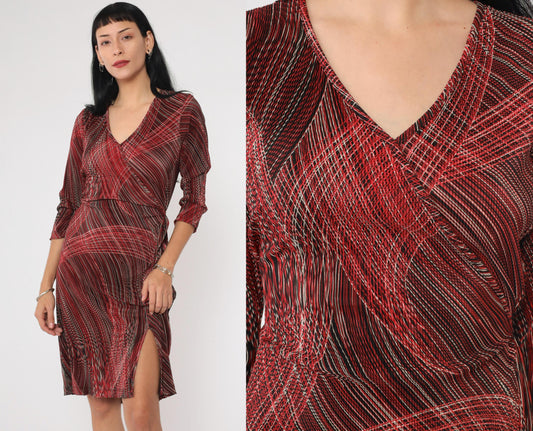 90s Teddi Dresses Striped Faux Wrap Minidress Red Black White V Neck Medium