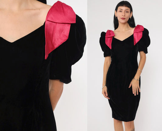 80s Black Velvet Mini Dress Puff Sleeve Fuchsia Bow Sheath Small 4