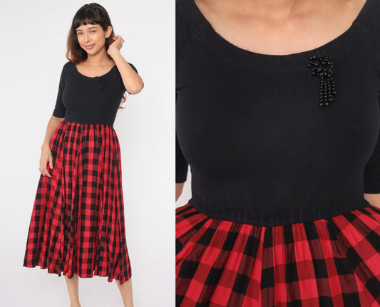 90s Buffalo Check Midi Dress Black Red High Waist Beaded Detail Medium
