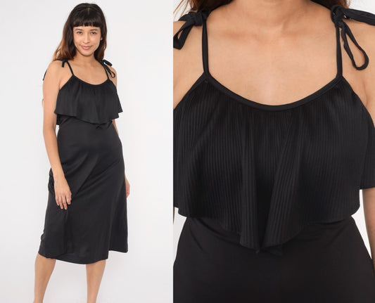 70s Black Midi Dress Ruffled Neckline Spaghetti Strap Disco Small