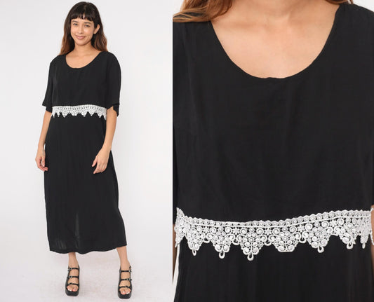 90s Black Maxi Dress White Lace Trim Short Sleeve Scoop Neck Plus Size 20W