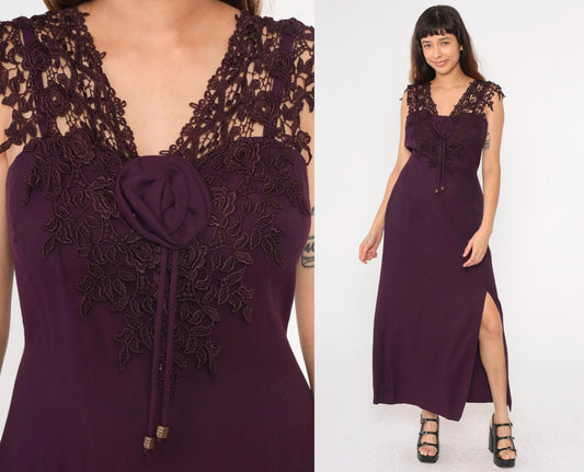 90s Purple Maxi Dress Lace Trim Rosette Sweetheart Spaghetti Strap Slit Medium