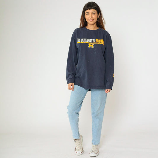 Y2K Michigan Wolverines Graphic Long Sleeve Tee Navy Paint Splatter Large