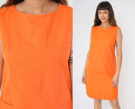60s Mod Orange Shift Dress Sleeveless Pockets Curved Hem Small Medium