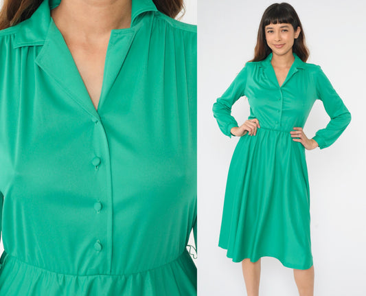 70s Green Midi Shirtdress Button-Up Collar High Waist Long Sleeve Small