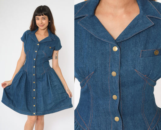 80s Denim Western Dress Snap Button Cap Sleeve Mini Blue Jean Small