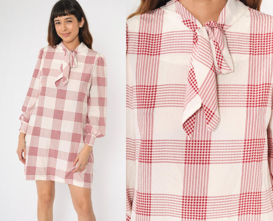 80s Red Houndstooth Mini Dress Tie-Neck Puff Sleeve Shift White Medium M