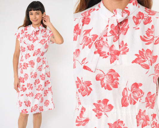 70s Red Floral White Midi Dress High Neck Bow Cap Sleeve Small