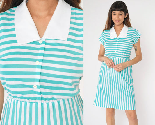 80s Mari Lynn Striped Shirt Dress Blue White Contrast Collar Cap Sleeve Small