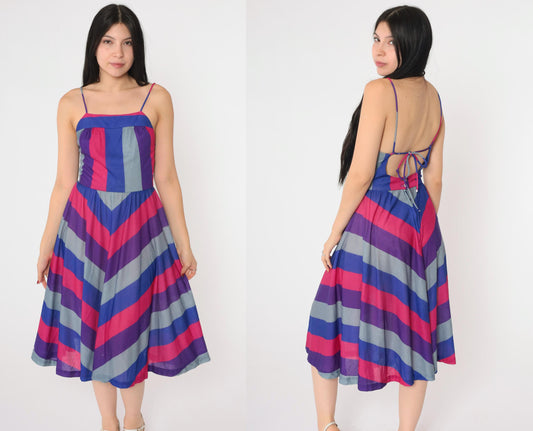 80s Chevron Striped Midi Sundress Open Back Spaghetti Strap Blue Pink Purple Small