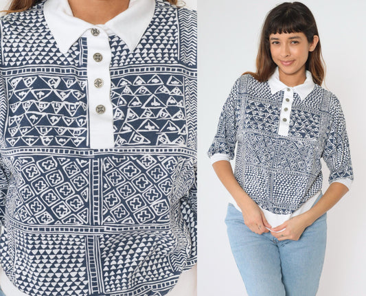 90s Drapers & Damons Geometric Patchwork Polo Shirt Navy White Dolman Medium