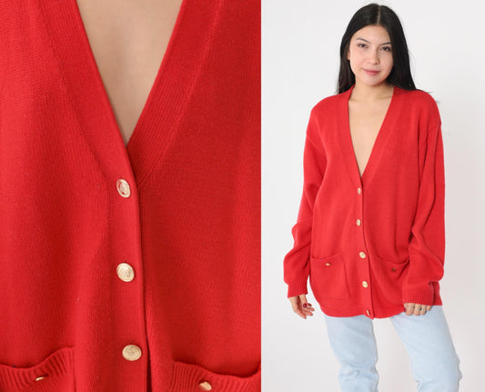 80s Karen Scott Wool Cardigan Red Gold Button Knit Sweater Large L