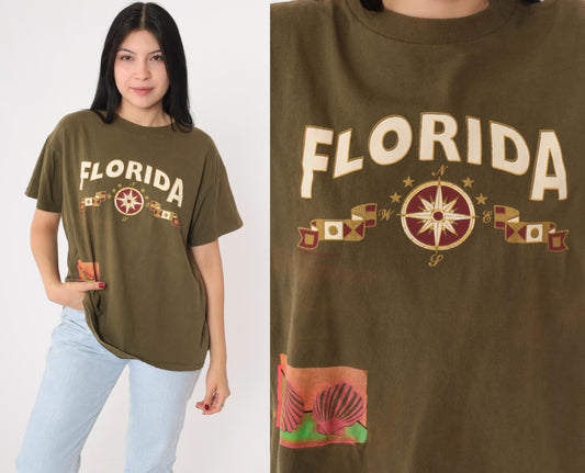 90s Florida Shell Compass Graphic T-Shirt Olive Green Tourist Tee Large L