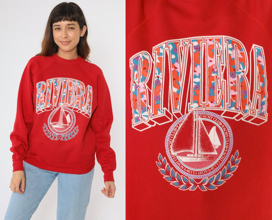 90s Riviera Yacht Club Sailboat Sweatshirt Red Raglan Crewneck Medium