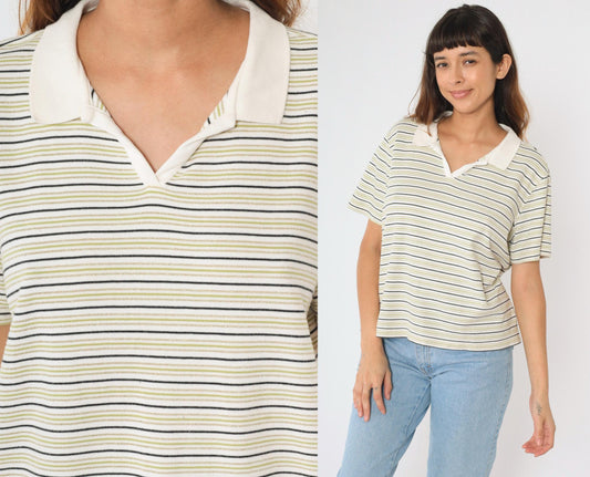 Y2K Metallic Striped Johnny Collar Shirt White Gold Green Plus Size XXL