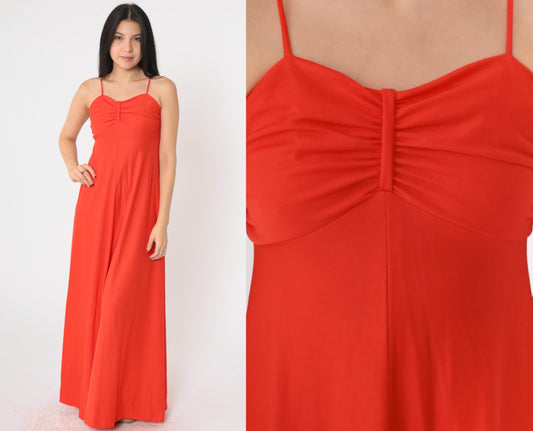 70s Red Maxi Dress Empire Waist Spaghetti Strap Grecian Extra Small