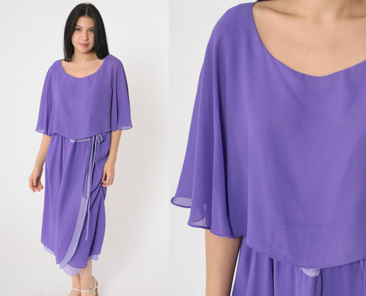 70s Matthew for Jo-Ed Sophisticates Two-Tone Purple Midi Dress Capelet Medium