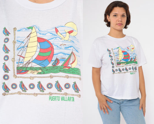 90s Puerto Vallarta Mexico Nautical Sailboat Graphic T-Shirt White Large