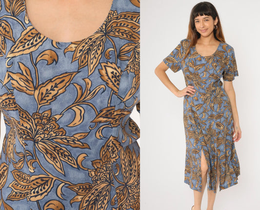 90s Caroline Wells Collection Floral Midi Dress Blue Gold A-Line Medium M
