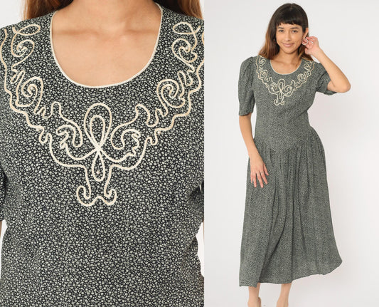 80s Floral Calico Dress Soutache Beaded Puff Sleeve Black White Midi Basque Waist Medium 8