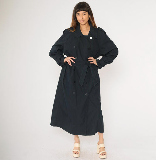 90s Liz Claiborne Black Trench Coat Double Breasted Belted Maxi Large L