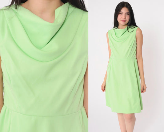 1970s Lime Green Cowl Neck Shift Dress Mini Sleeveless Small S