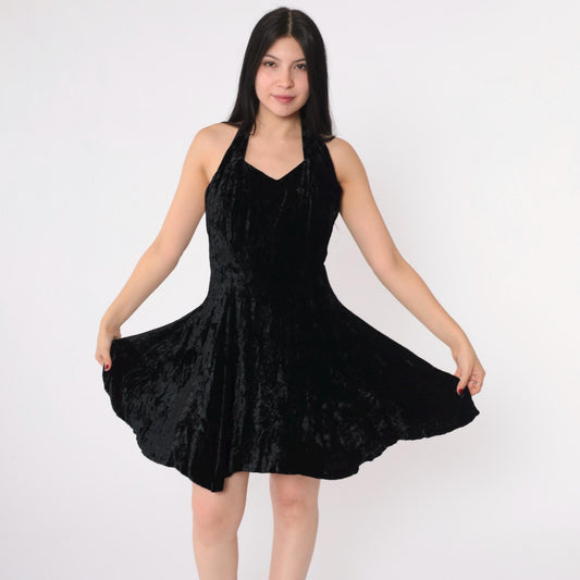 80s Positively Ellyn Black Velvet Halter Mini Dress Sweetheart Neckline Medium