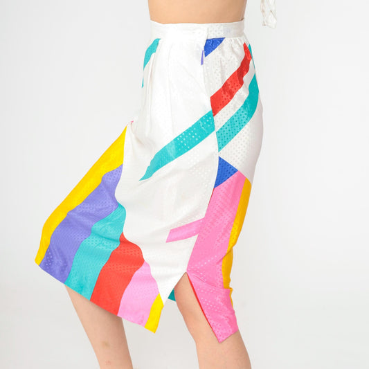 80s Rainbow Striped Midi Skirt High Waist Polka Dot White Small 4