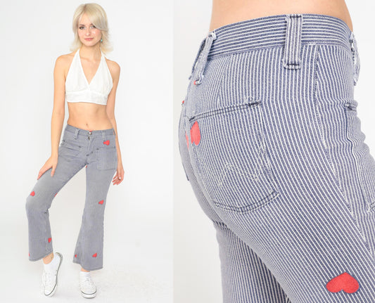 70s Wrangler Bell Bottom Jeans Hickory Striped Heart Patch Blue XXS