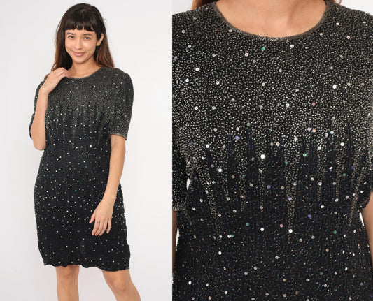 90s Black Silk Beaded Sequin Mini Dress Sleeveless Shift Medium Large